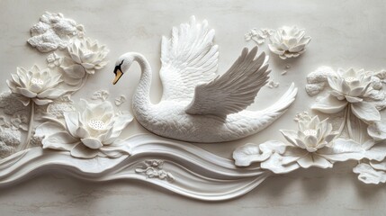 White Swan with Lotus Flowers 3D Wall Art
