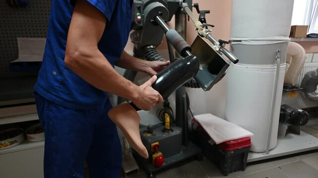 Technician crafting a prosthetic leg in a workshop environment