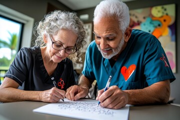 A caregiver helping a resident write a letter to their family, patiently guiding their hand and listening to their words