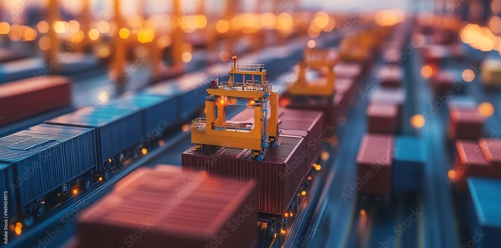 Poster A container crane lifts a shipping container in a busy port, with a blurred background of other containers and cranes.