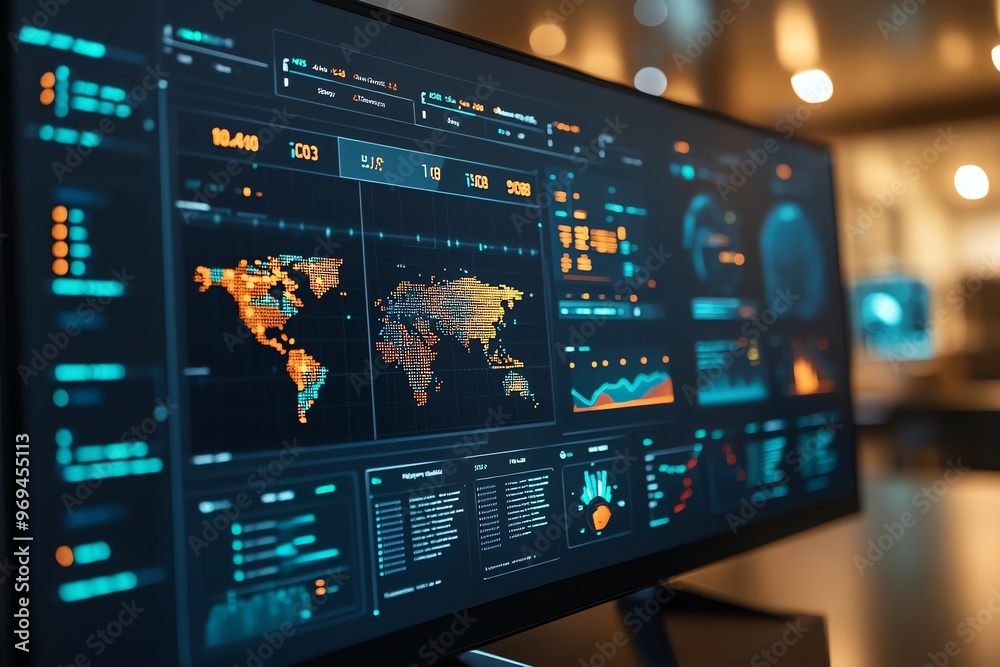 Poster A computer monitor displays a world map with orange and blue data points, surrounded by digital gauges and graphs, in a dimly lit room.