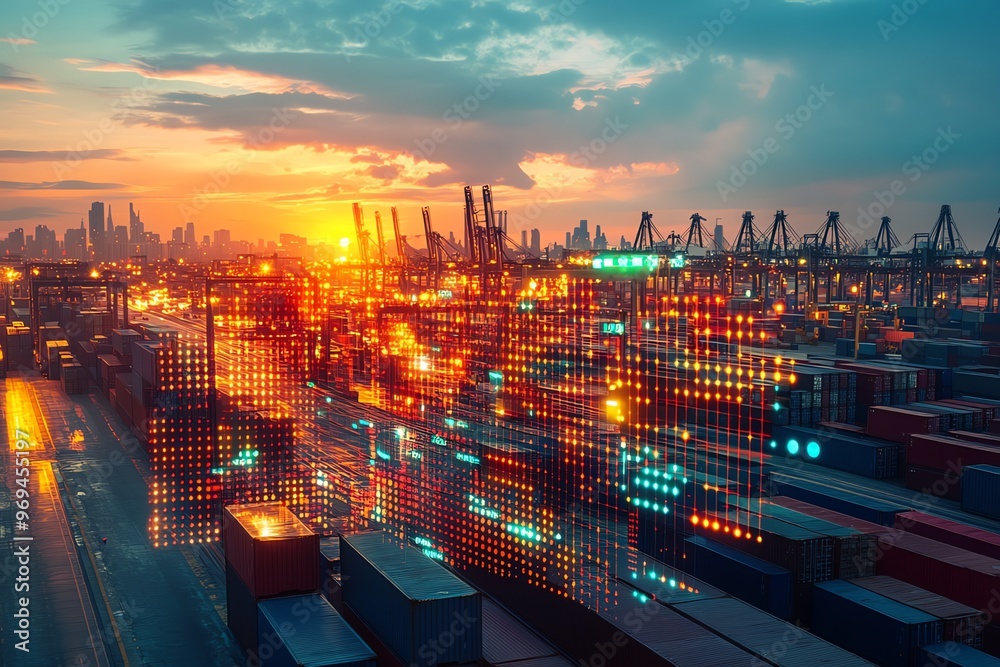 Poster A container port at sunset with digital data overlays, highlighting the interconnectedness of global trade.