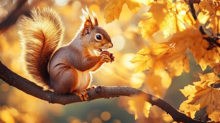 A close-up of a squirrel nibbling on an acorn while perched on a tree branch, with golden autumn leaves providing a warm background.