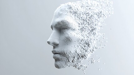 Futuristic AI Head Logo Design in Minimalistic 3D White Pixels on Grey Background
