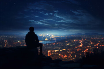 Fototapeta premium Night Sky Solitude: A solitary figure sits atop a hill, bathed in the ethereal glow of a star-strewn night sky, gazing out over the twinkling cityscape below. A poignant image capturing the quiet cont