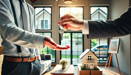 real estate agent gives keys, house interior background.  For banner, print, presentation, social media, flyer, profile, business, design