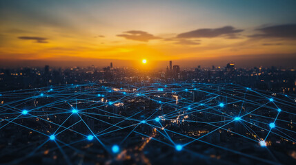 Smart digital city with connection cyber security network reciprocity over the cityscape . future smart wireless digital city and social media networking systems that connects people within the city