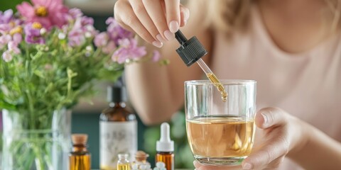 Fototapeta premium A close-up of a woman holding a dropper of homeopathic oil over a glass of water, with remedies arranged in the background