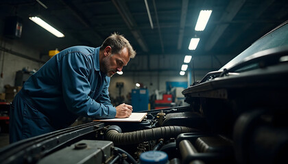 Focused male mechanic in blue coveralls inspecting car engine and taking notes in a well-lit garage, showcasing dedication to quality automotive repair work.