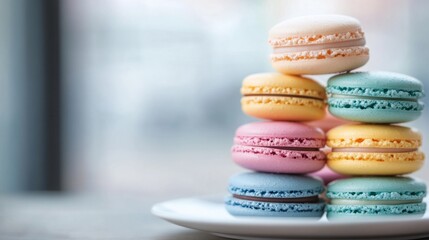 Fototapeta premium A close-up of colorful macarons stacked neatly on a white plate, showcasing their delicate texture and vibrant pastel hues, set against a minimalist background.