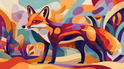 A colorful abstract fox in a 2D flat style, with stylized features and vibrant orange, red, and purple hues, set in a playful landscape
