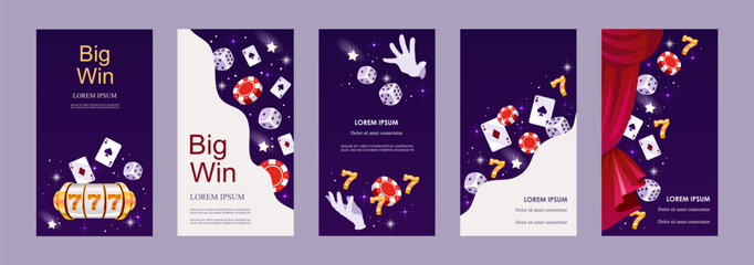 Casino set. Collection of templates for stories, flyers, posters, banners, brochures. Winning, roulette, chips and magic. Vector illustration.