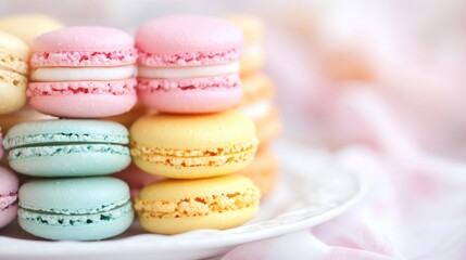 Fototapeta premium A close-up of colorful macarons stacked neatly on a white plate, showcasing their delicate texture and vibrant pastel hues, set against a minimalist background.