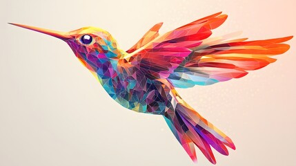 Obraz premium An abstract 2D flat depiction of a hummingbird mid-flight, with a colorful body made of geometric patterns and vibrant gradients