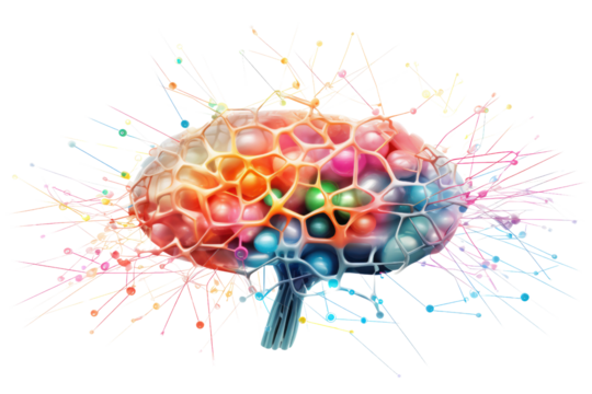 Artistic illustration of a human brain with vibrant digital connections and neural networks, isolated on white background