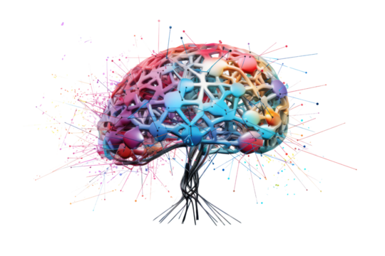 Artistic illustration of a human brain with vibrant digital connections and neural networks, isolated on white background