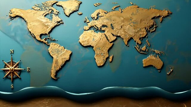 Golden World, Blue Oceans: A textured world map in burnished gold against a deep blue sea, accented with a compass, whispers tales of exploration and discovery.  
