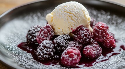 A close-up of mulberries on a dessert plate, topped with a sprinkle of powdered sugar and paired with a scoop of vanilla ice cream, for a delectable and inviting treat.