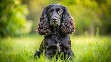 Adorable black Cocker Spaniel with floppy ears and endearing eyes sits peacefully on a lush green meadow, showcasing