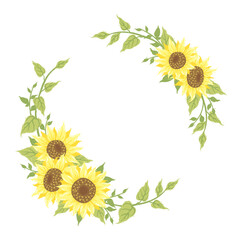 Set of beautiful sunflower decorative wreath in romantic hand drawing rustic pencil line style