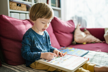 Cute little boy reading books on the sofa at home on a bright sunny afternoon. Daytime care creative activity. Kids having fun.