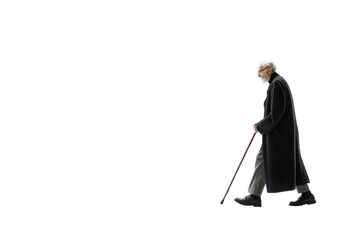 An elderly person with a walking cane slowly making their way up stairs, isolated on white background