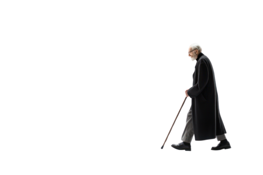 An elderly person with a walking cane slowly making their way up stairs, isolated on white background