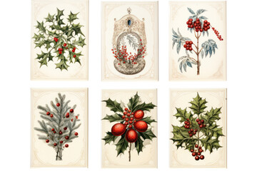 An assortment of old-fashioned holiday cards, laid out on a white background, isolated on white background