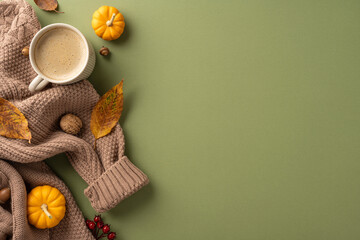 Warm autumn composition featuring a cup of coffee on a sweater surrounded by leaves and small pumpkins