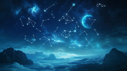 A stunning view of constellations and a crescent moon over a misty mountain landscape during a clear night