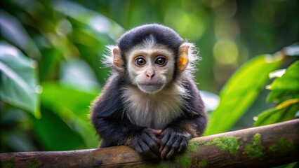 Naklejka premium Adorable small monkey with black fur and white face, sitting on a tree branch, looking curious, surrounded by