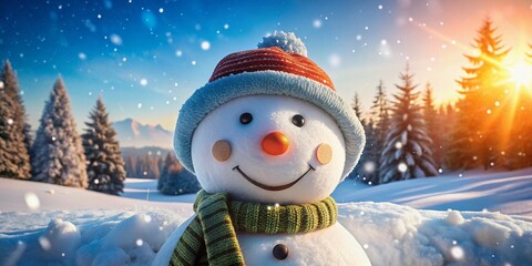 Obraz premium Adorable winter wonderland scene featuring a cheerful snowman with a bright carrot nose, coal eyes, and a warm,