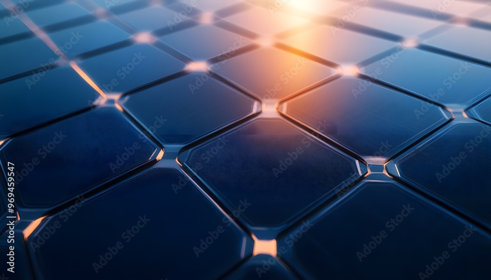 Wall mural Close-up of a modern, shiny hexagonal tile pattern illuminated by warm light, showcasing contemporary design and structure.