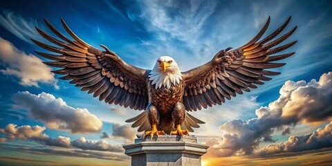 Obraz premium An ornate, menacing, and regal eagle with outstretched wings and sharp talons perches atop a pedestal, symbolizing