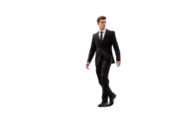 A young professional in business attire confidently ascending modern office stairs, isolated on white background
