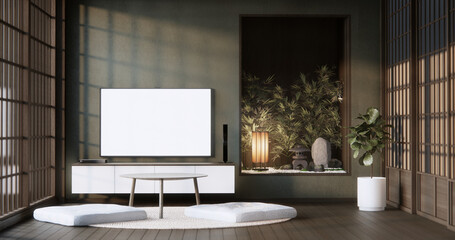 Mock up Cabinet wooden japanese design on living room empty .3D rendering