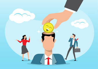 A big hand places a smiling face in a human brain stock