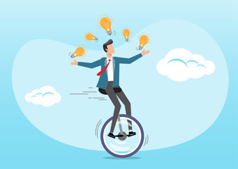 businessman riding unicycle juggling lightbulb lamp metaphor © tujuh17belas