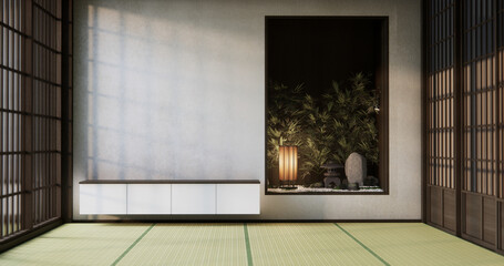 Cabinet wooden japanese design on living room zen style empty wall background.3D rendering