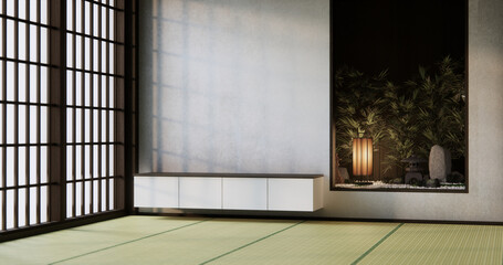 Cabinet wooden japanese design on living room zen style empty wall background.3D rendering © Interior Design