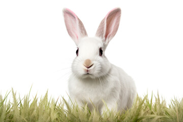 Fototapeta premium A white rabbit with bright pink eyes hopping isolated on white background