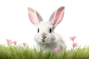 Obraz premium A white rabbit with bright pink eyes hopping isolated on white background