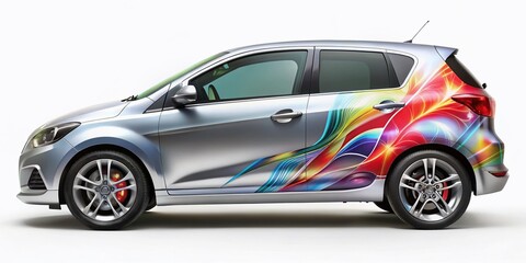 Naklejka premium A sleek silver vehicle showcases a vibrant, custom vinyl decal design on its side panel, set against a