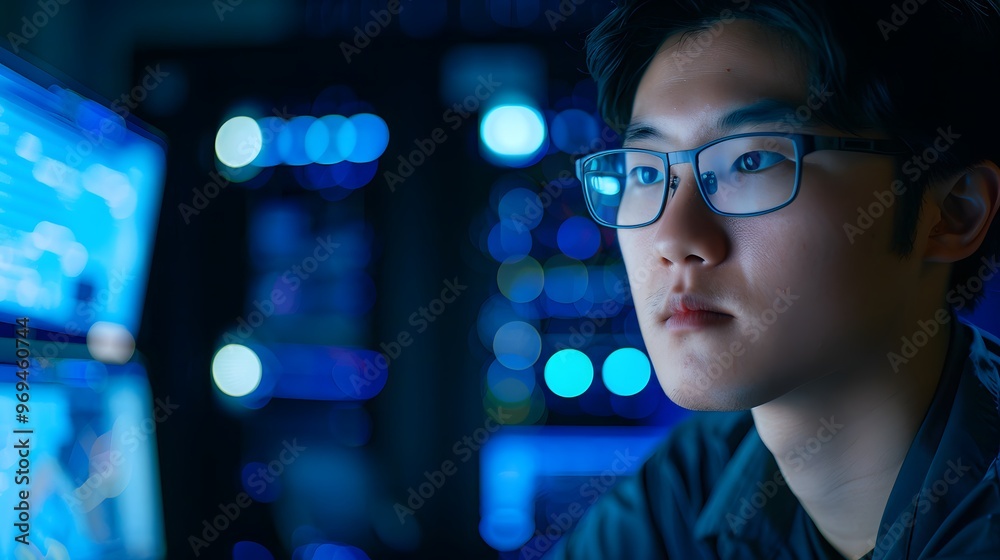 Poster focused young man analyzing data at a computer with glowing screens in a modern tech environment.