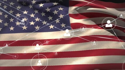 Animation of network of connections with people icons over flag of usa - Powered by Adobe