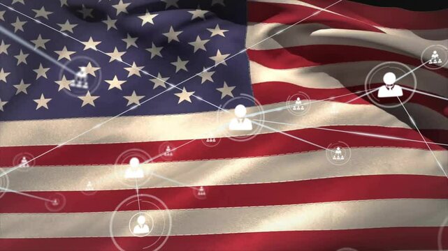 Animation of network of connections with people icons over flag of usa - Powered by Adobe