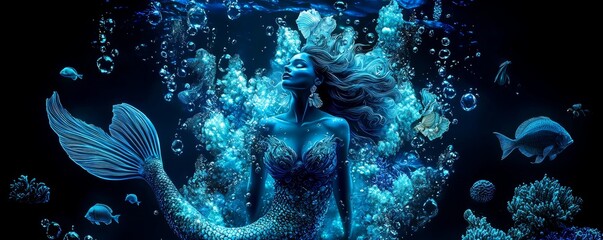 Obraz premium Captivating mermaid in an underwater kingdom, black and white, line art, mythical, magical, oceanic, underwater beauty ::1.1 seashells, coral reefs, seahorses, sunken treasure, mystical aura