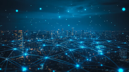 Fototapeta premium Smart digital city with connection cyber security network reciprocity over the cityscape . future smart wireless digital city and social media networking systems that connects people within the city