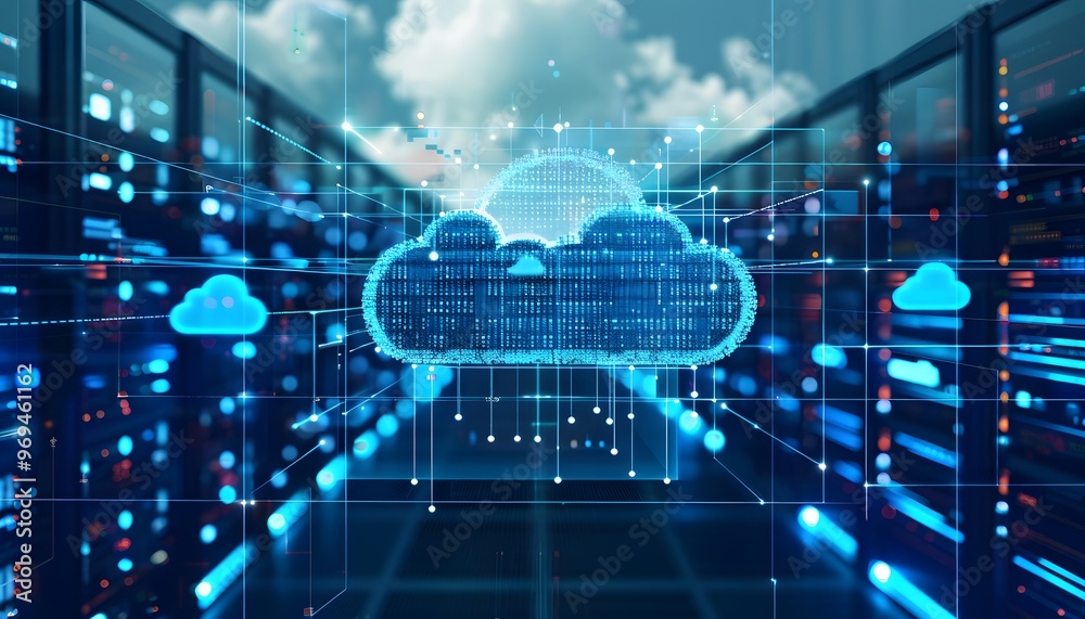 Poster futuristic cloud computing concept with digital data flow, representing secure storage and modern te