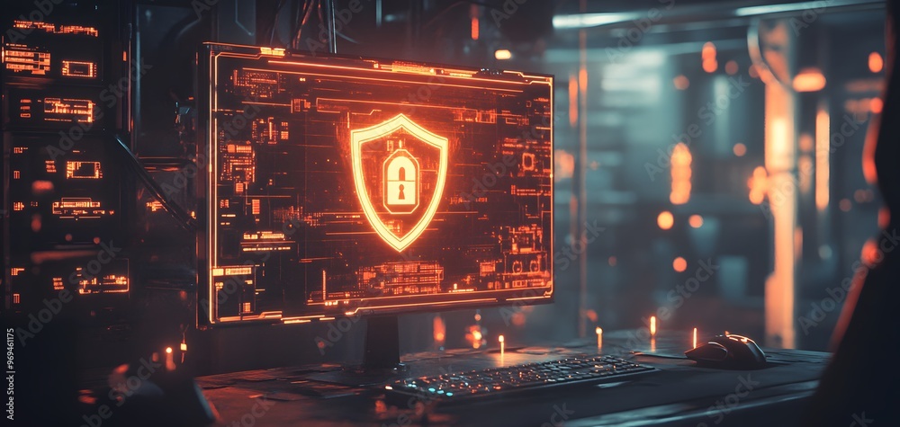 Poster futuristic computer screen displaying a security icon, representing advanced technology and cybersec